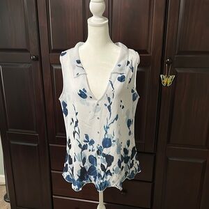 Source Unknown Blue and White Sleeveless Ruffled Blouse